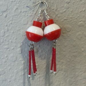 Boutique: Novelty fishing earrings Red and White bobber Earrings